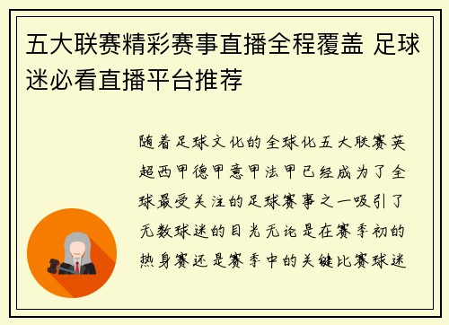 五大联赛精彩赛事直播全程覆盖 足球迷必看直播平台推荐