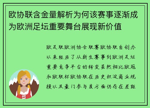 欧协联含金量解析为何该赛事逐渐成为欧洲足坛重要舞台展现新价值 欧协联含金量解析为何该赛事逐渐成为欧洲足坛重要舞台展现新价值